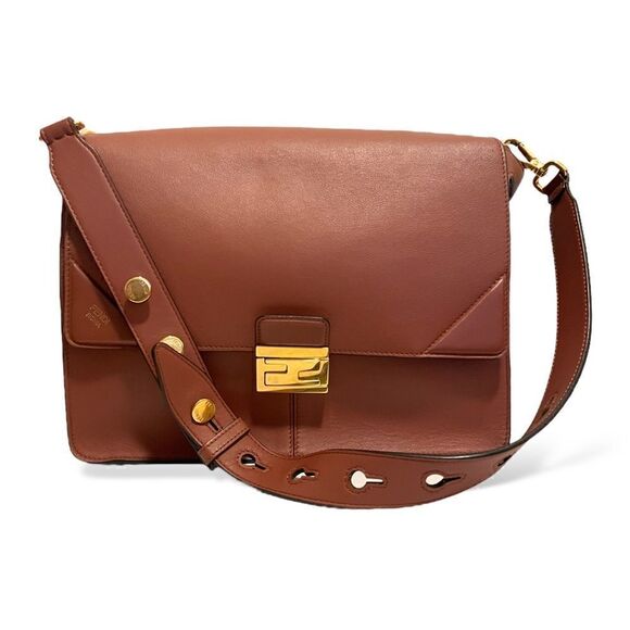 ❤️SOLD❤️Fendi Kan U Rust Brown Calfskin Leather Large Shoulder Bag - Picture 1 of 15
